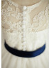 Ivory Lace Tulle Navy Blue Sash Knee Length Flower Girl Dress 